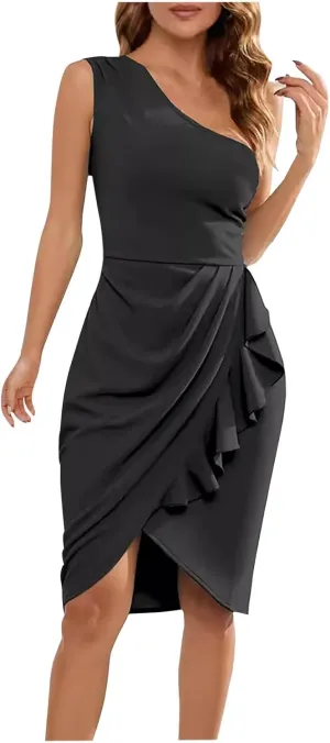 JOAU Women's One Shoulder Bodycon Midi Dresses Elegant Ruched Irregular Ruffle A-Line Wedding Guest Cocktail Party Wrap Dress