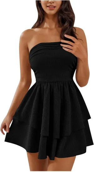 JOAU Women's Sexy Strapless Mini Dress Summer Sleeveless Layered Ruffle A-Line Short Dresses Casual Club Party Tube Top Dress