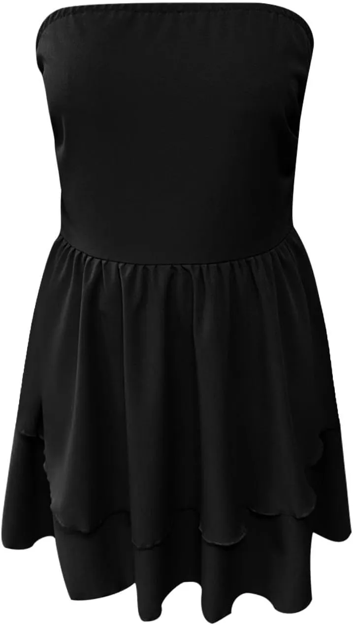 JOAU Women's Sexy Strapless Mini Dress Summer Sleeveless Layered Ruffle A-Line Short Dresses Casual Club Party Tube Top Dress