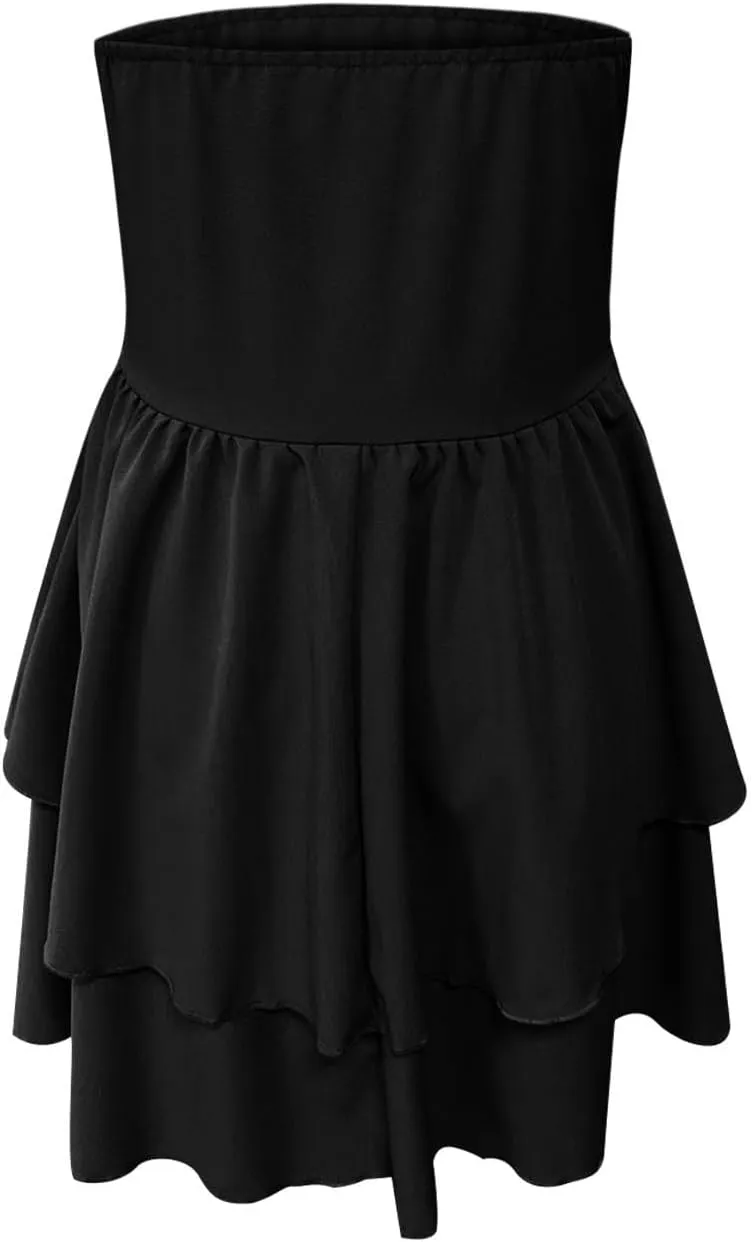 JOAU Women's Sexy Strapless Mini Dress Summer Sleeveless Layered Ruffle A-Line Short Dresses Casual Club Party Tube Top Dress