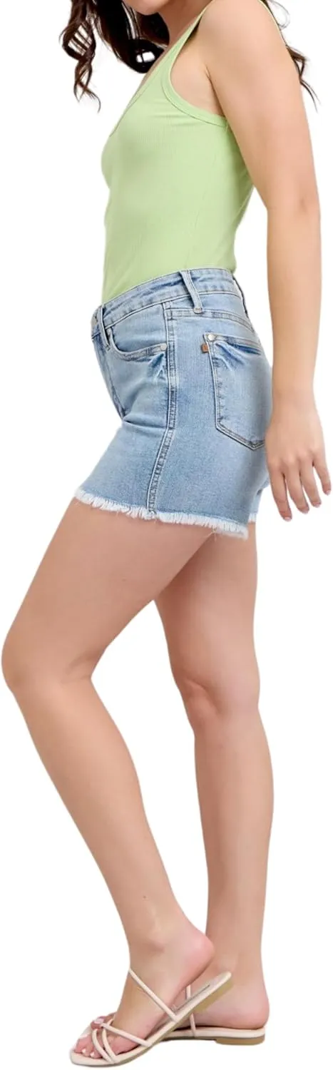 Judy Blue High Waist Tummy Control Light Wash Fray Hem Shorts
