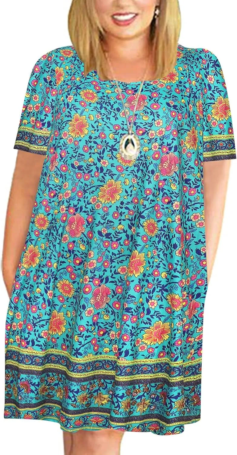 Kancystore Women Plus Size Dresses Short Sleeve Cold Shoulder Casual T-Shirt Swing Dress with Pockets