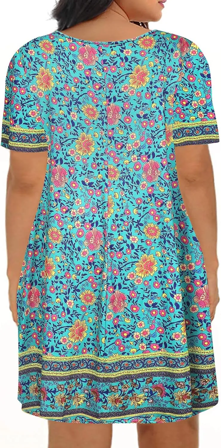 Kancystore Women Plus Size Dresses Short Sleeve Cold Shoulder Casual T-Shirt Swing Dress with Pockets