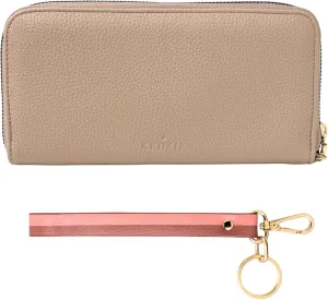 KEDZIE Eclipse Vegan Leather Zip-Around Clutch Wallet for Women (Cream) & Wristlet Strap Key Chain Holder (Dirty Shirley)