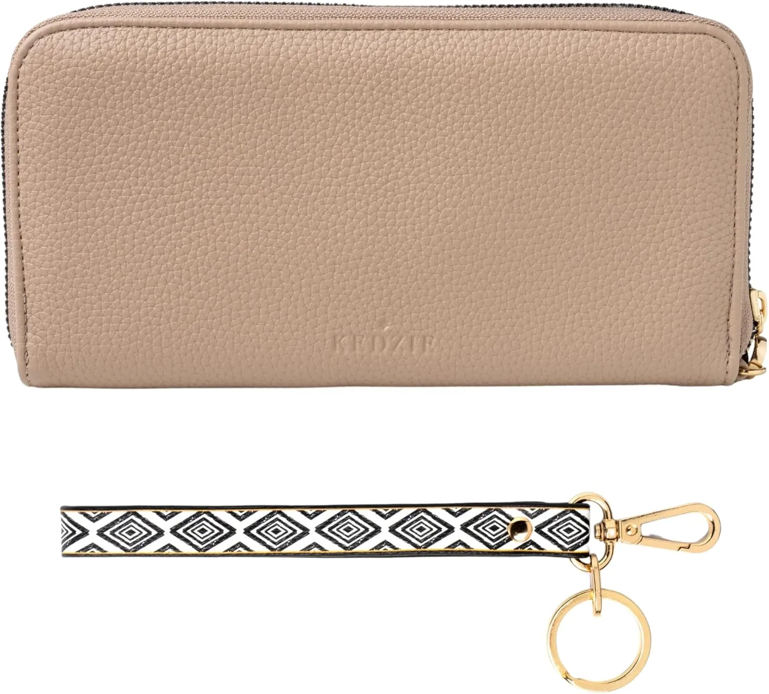 KEDZIE Eclipse Vegan Leather Zip-Around Clutch Wallet for Women (Cream) & Wristlet Strap Key Chain Holder (Get in Line)