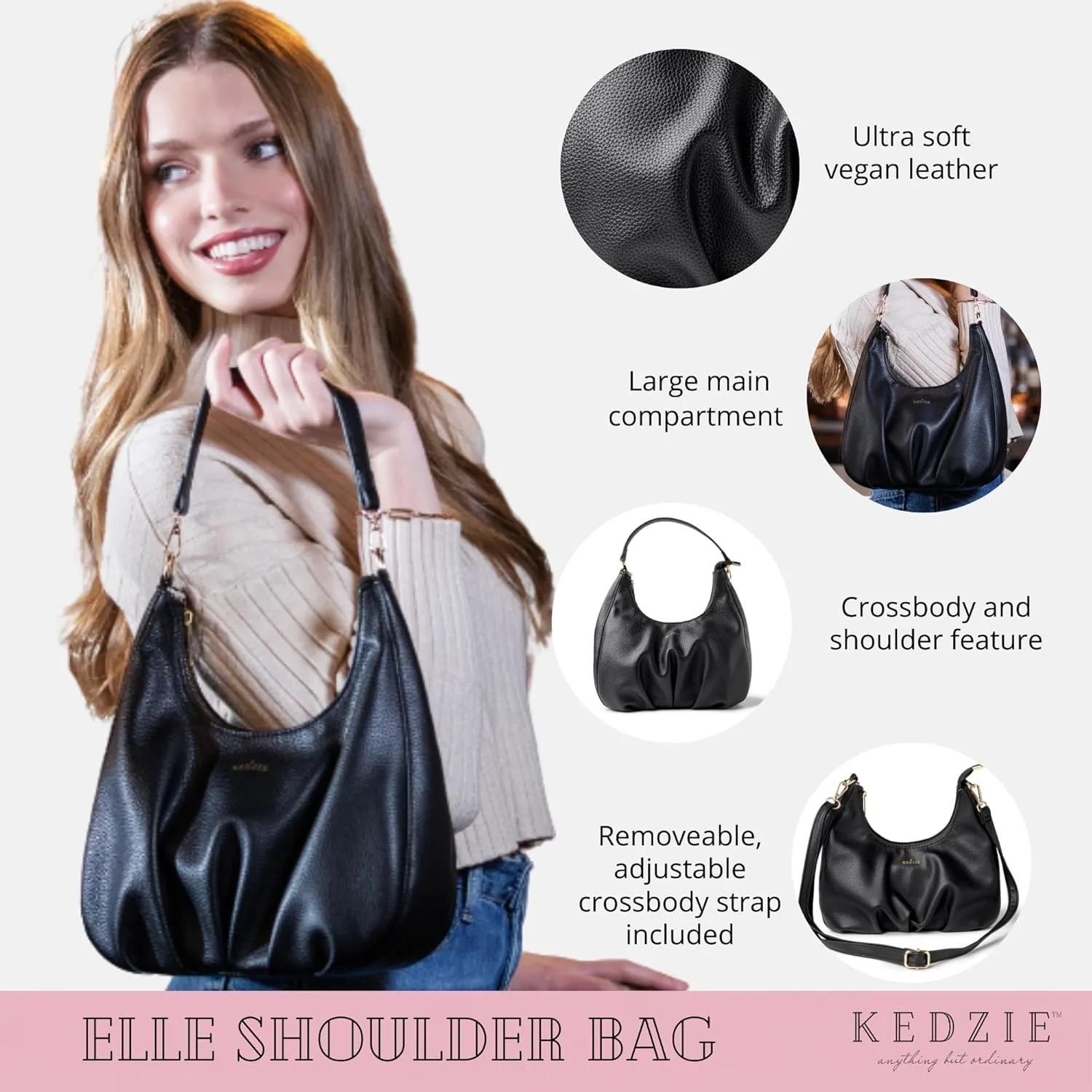 KEDZIE Elle Shoulder Bag Vegan Leather Crossbody Purse for Women - Chestnut