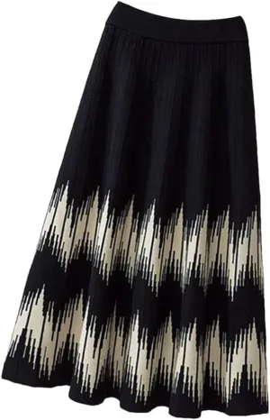 Knitted Midi Skirts Women Harajuku Print High Waist A Line Skirt Korean Elegant Geometric Pattern Pleated Skirt