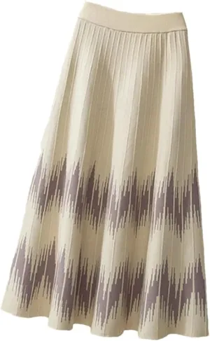 Knitted Midi Skirts Women Harajuku Print High Waist A Line Skirt Korean Elegant Geometric Pattern Pleated Skirt