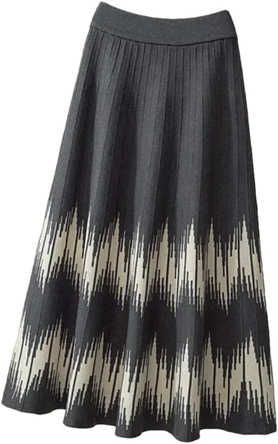 Knitted Midi Skirts Women Harajuku Print High Waist A Line Skirt Korean Elegant Geometric Pattern Pleated Skirt