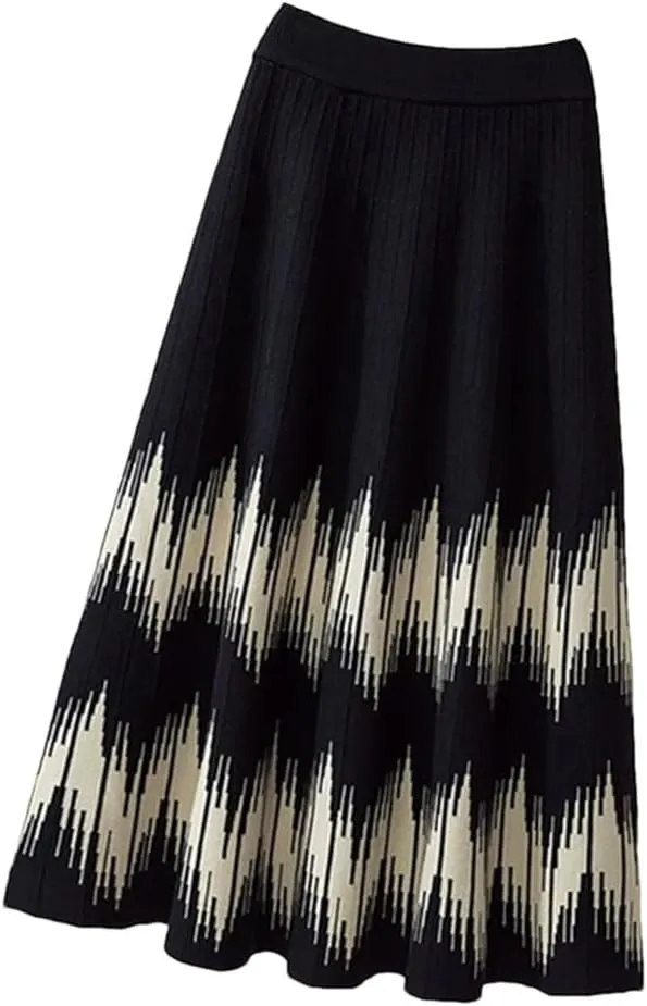 Knitted Midi Skirts Women Harajuku Print High Waist A Line Skirt Korean Elegant Geometric Pattern Pleated Skirt