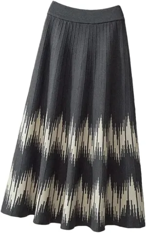 Knitted Midi Skirts Women Harajuku Print High Waist A Line Skirt Korean Elegant Geometric Pattern Pleated Skirt