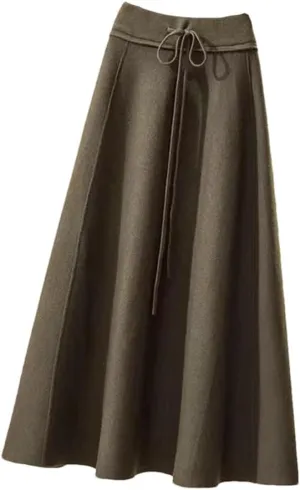 Knitted Midi Skirts Women High Waist Pleated A Line Skirt Korean Elegant Autumn Winter Lace Up Bandage Slim Skirt