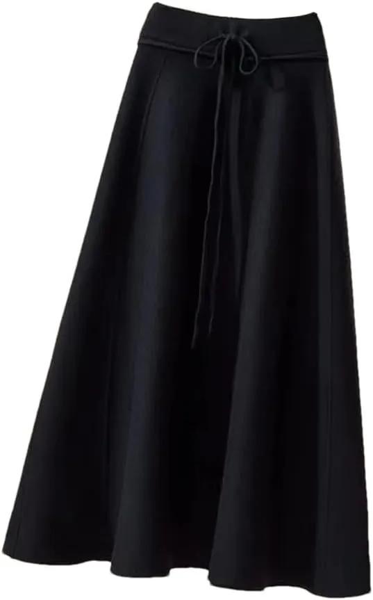 Knitted Midi Skirts Women High Waist Pleated A Line Skirt Korean Elegant Autumn Winter Lace Up Bandage Slim Skirt