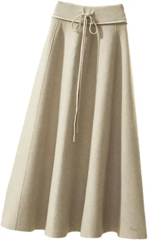 Knitted Midi Skirts Women High Waist Pleated A Line Skirt Korean Elegant Autumn Winter Lace Up Bandage Slim Skirt