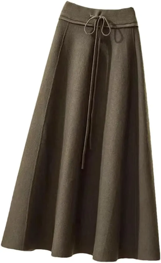 Knitted Midi Skirts Women High Waist Pleated A Line Skirt Korean Elegant Autumn Winter Lace Up Bandage Slim Skirt
