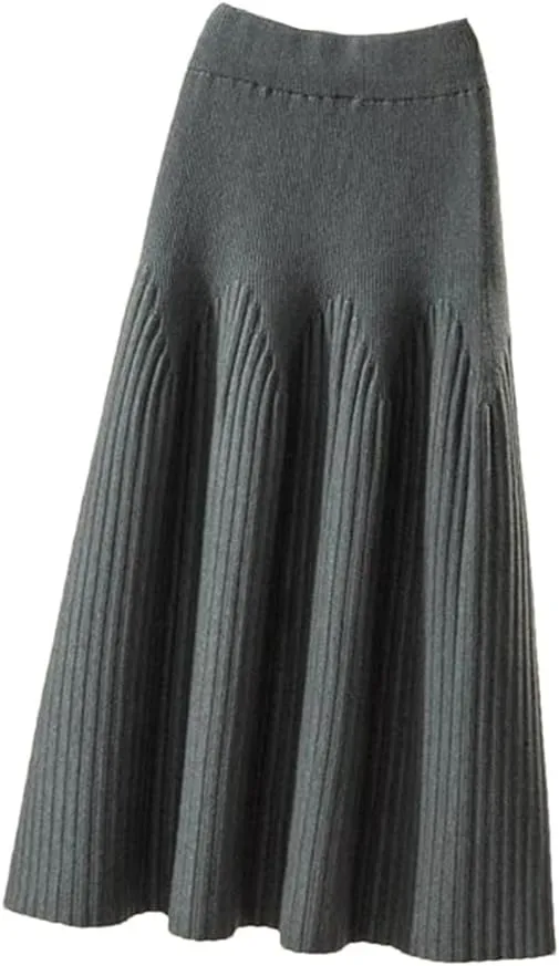 Knitted Midi Skirts Women Solid Pleated A Line Skirt Autumn Winter Korean Elegant High Waist Slim All Match Skirt