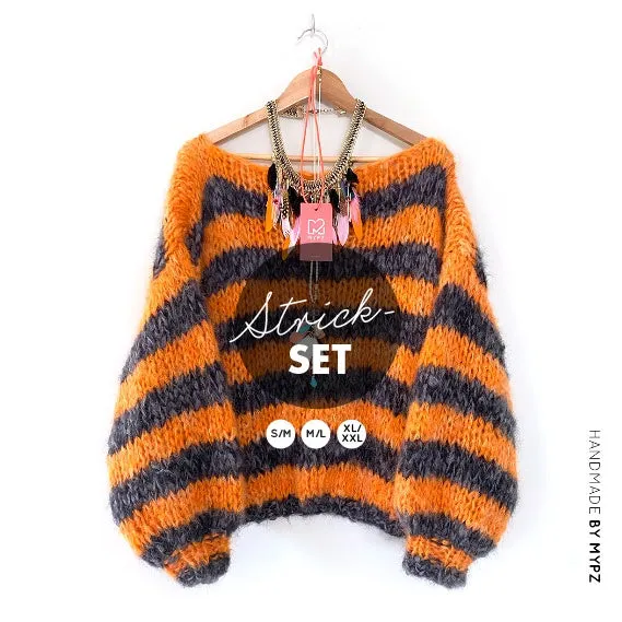 Knitting Kit – MYPZ Chunky Mohair Pullover Orange-Black NO 15 – Beginner (ENG-NL-DE)