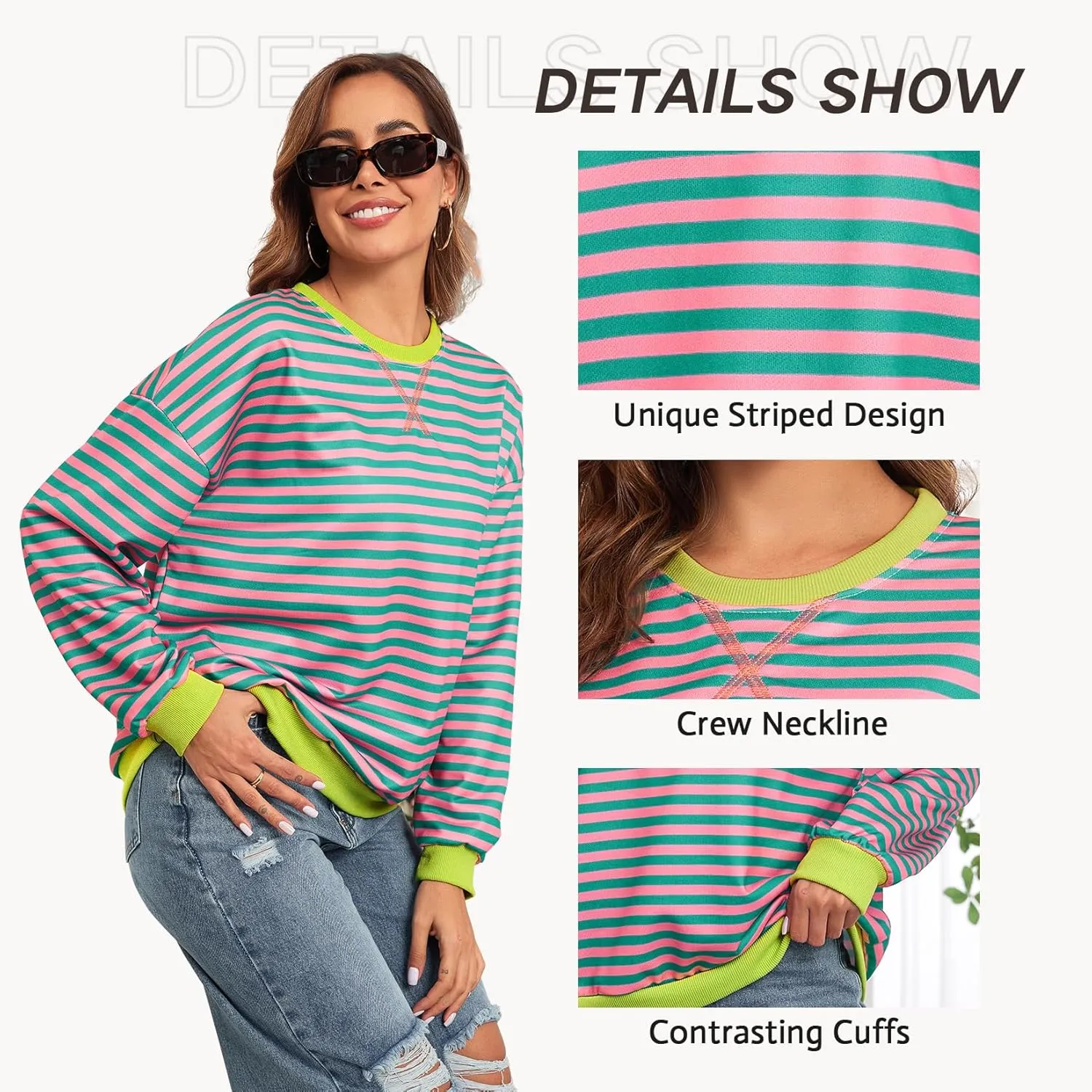 Komorebi Women Oversized Striped Sweatshirts Crew Neck Long Sleeve Shirt Loose 2024 Fall Pullover Preppy Trendy Tops