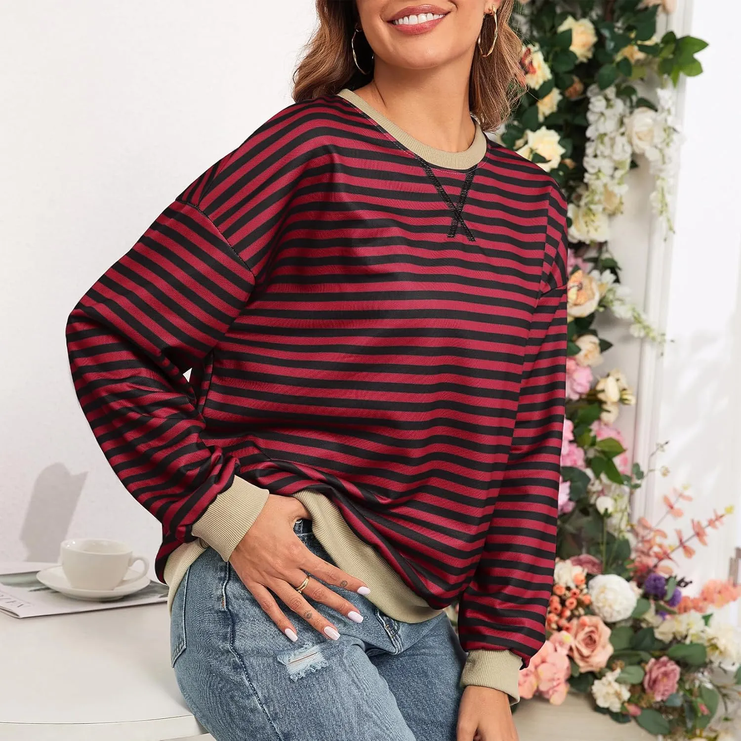 Komorebi Women Oversized Striped Sweatshirts Crew Neck Long Sleeve Shirt Loose 2024 Fall Pullover Preppy Trendy Tops
