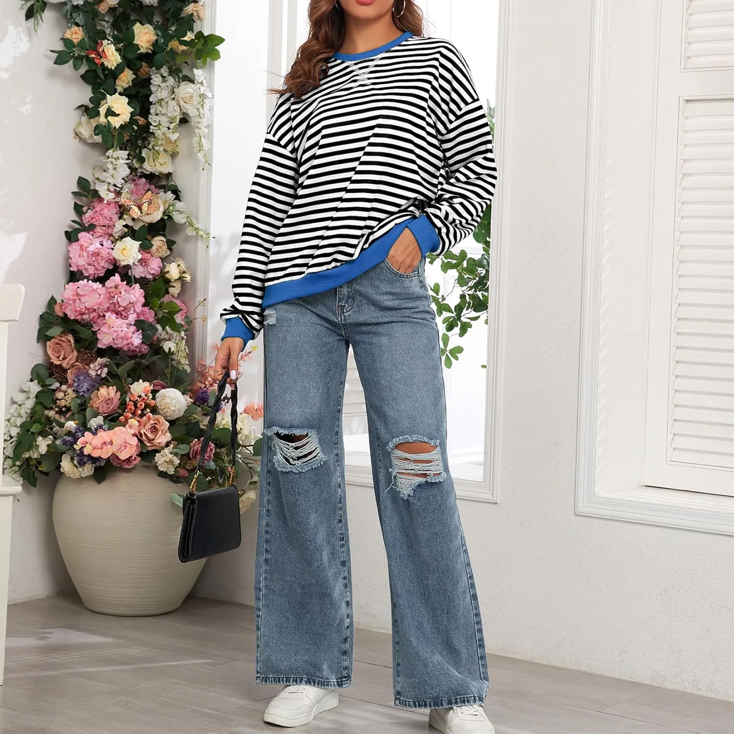 Komorebi Women Oversized Striped Sweatshirts Crew Neck Long Sleeve Shirt Loose 2024 Fall Pullover Preppy Trendy Tops