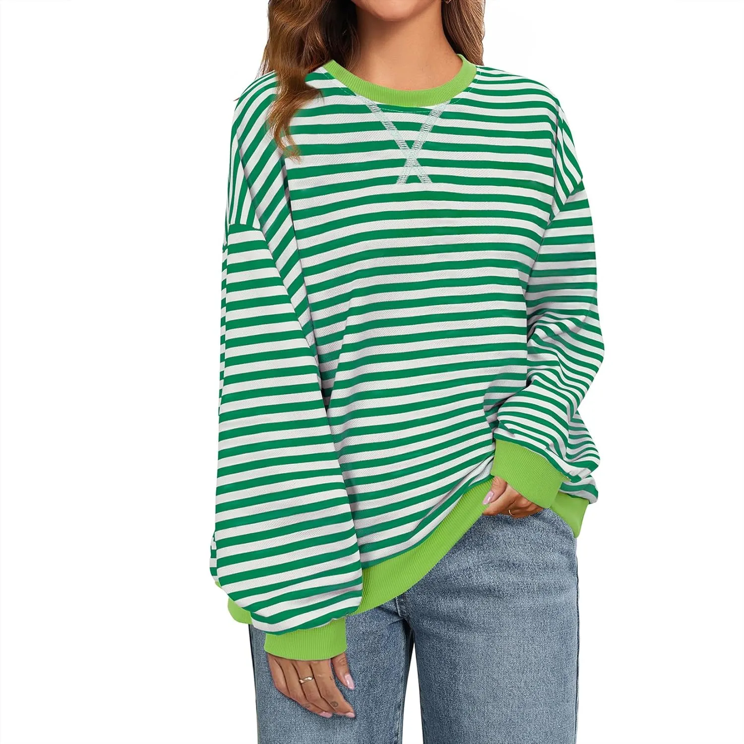 Komorebi Women Oversized Striped Sweatshirts Crew Neck Long Sleeve Shirt Loose 2024 Fall Pullover Preppy Trendy Tops