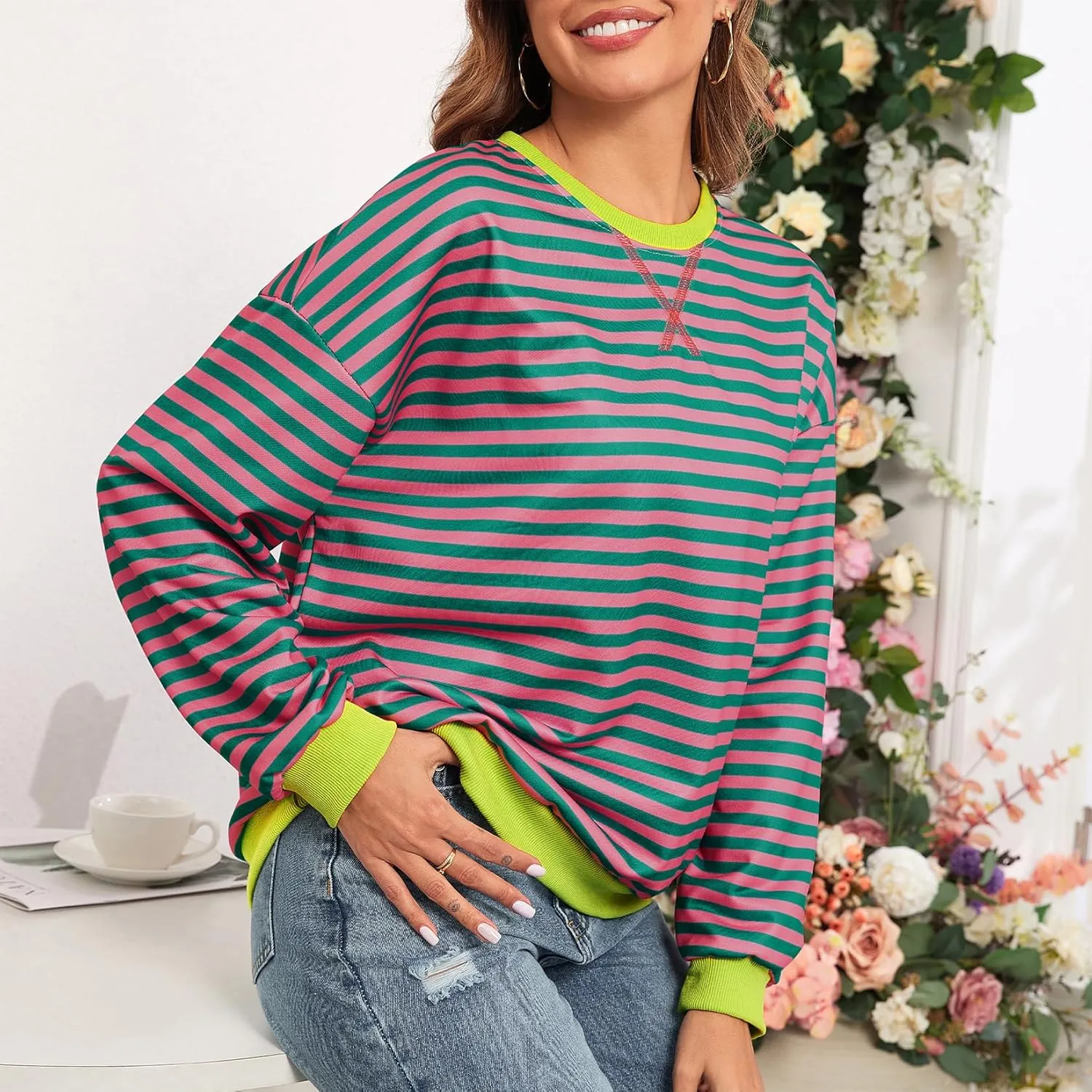 Komorebi Women Oversized Striped Sweatshirts Crew Neck Long Sleeve Shirt Loose 2024 Fall Pullover Preppy Trendy Tops