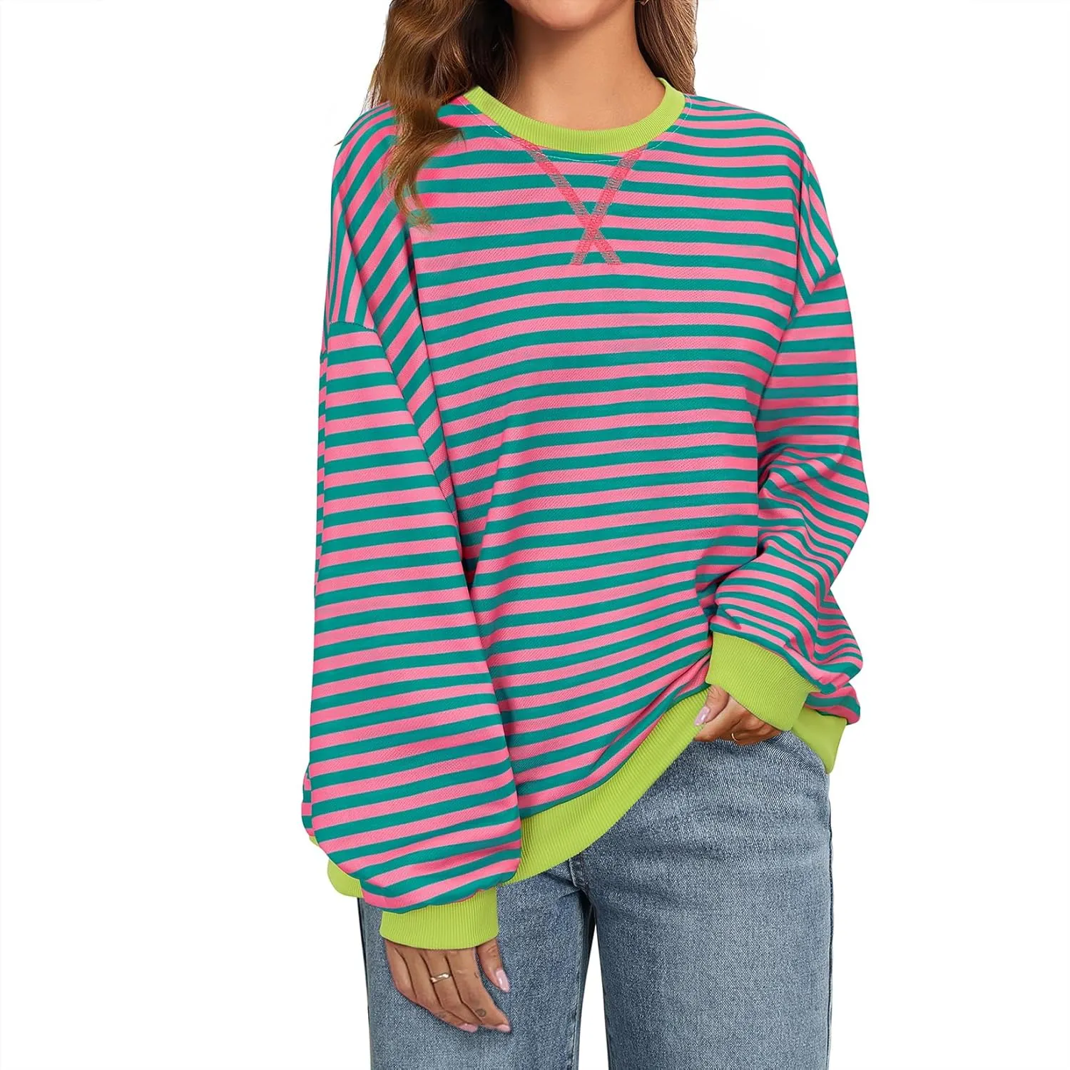 Komorebi Women Oversized Striped Sweatshirts Crew Neck Long Sleeve Shirt Loose 2024 Fall Pullover Preppy Trendy Tops