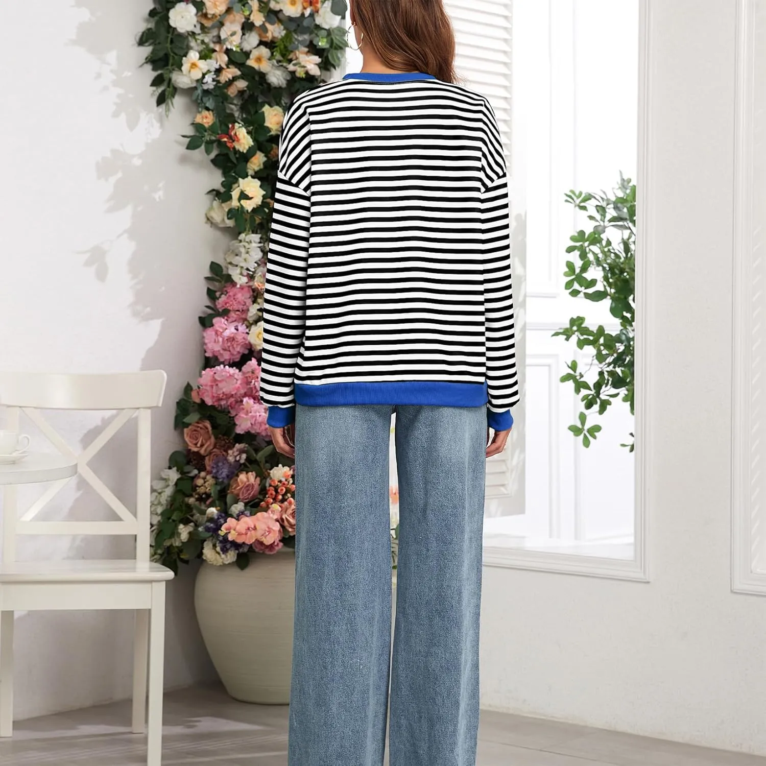 Komorebi Women Oversized Striped Sweatshirts Crew Neck Long Sleeve Shirt Loose 2024 Fall Pullover Preppy Trendy Tops