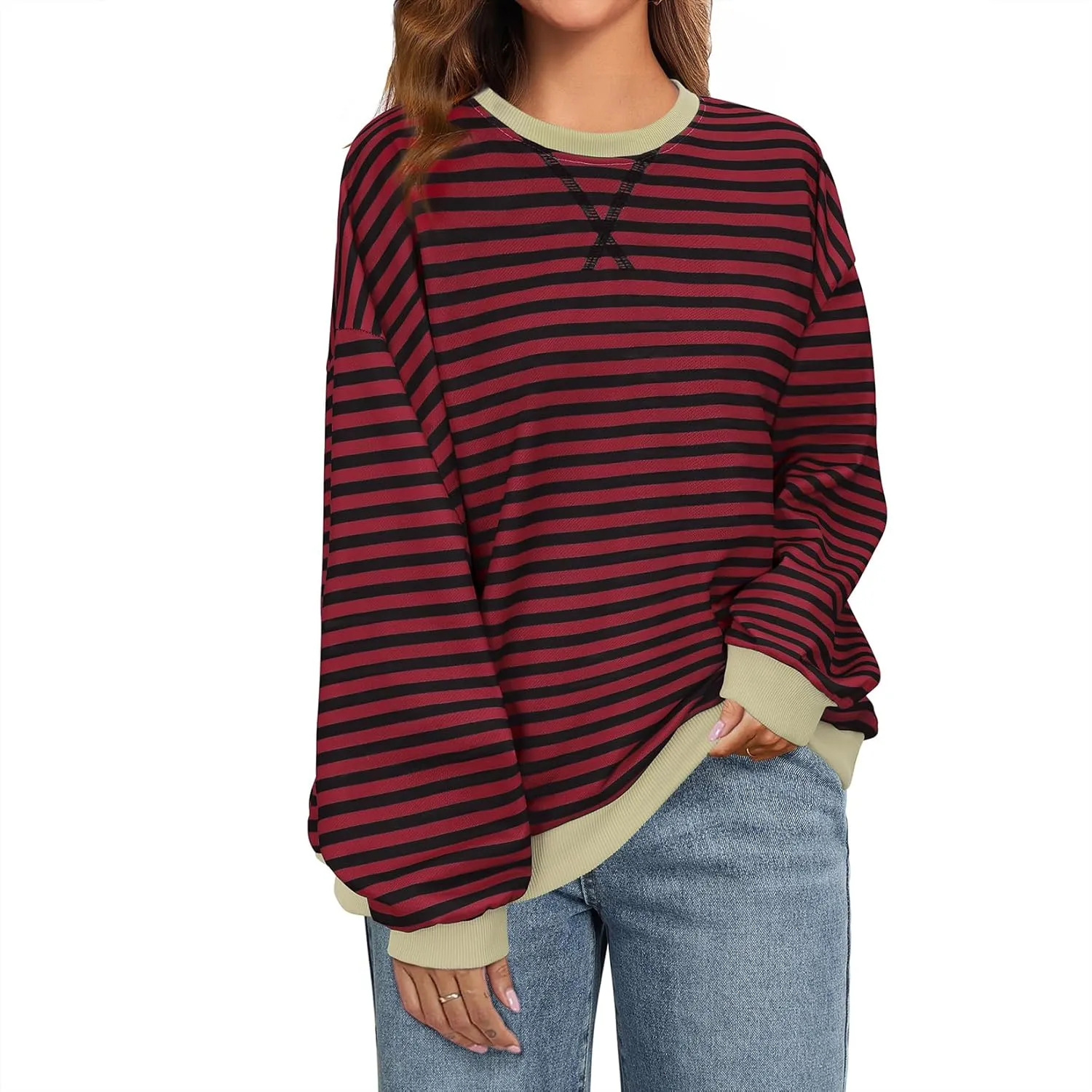 Komorebi Women Oversized Striped Sweatshirts Crew Neck Long Sleeve Shirt Loose 2024 Fall Pullover Preppy Trendy Tops