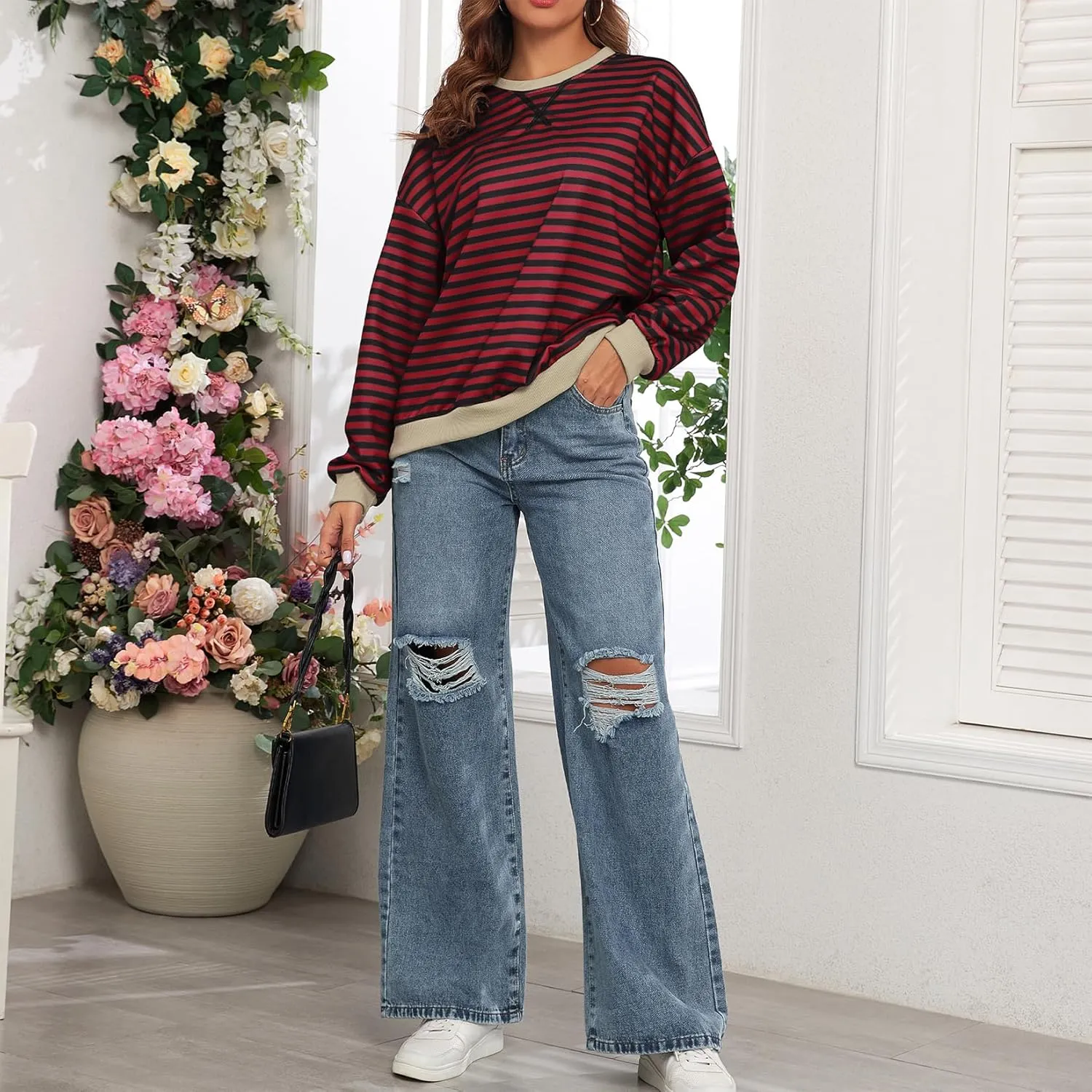 Komorebi Women Oversized Striped Sweatshirts Crew Neck Long Sleeve Shirt Loose 2024 Fall Pullover Preppy Trendy Tops