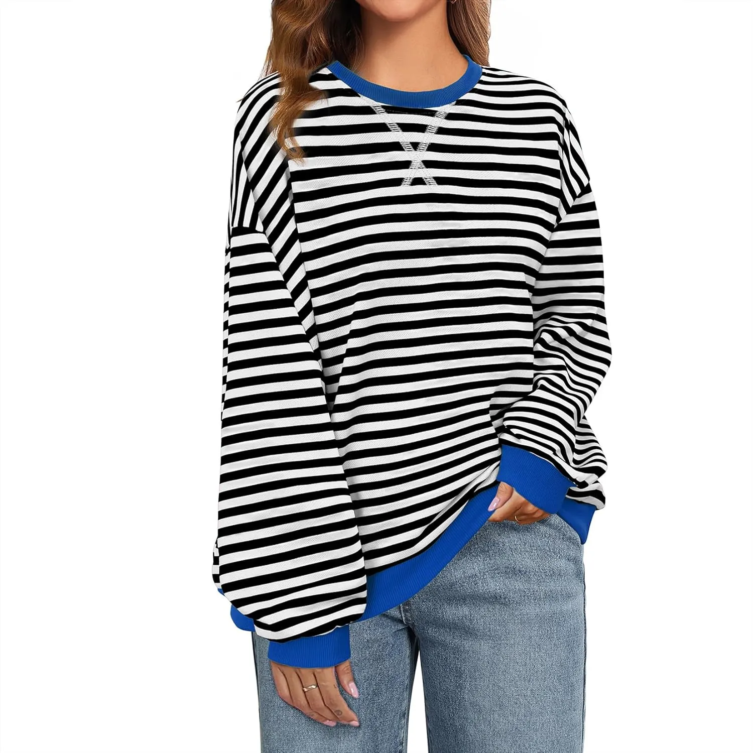 Komorebi Women Oversized Striped Sweatshirts Crew Neck Long Sleeve Shirt Loose 2024 Fall Pullover Preppy Trendy Tops