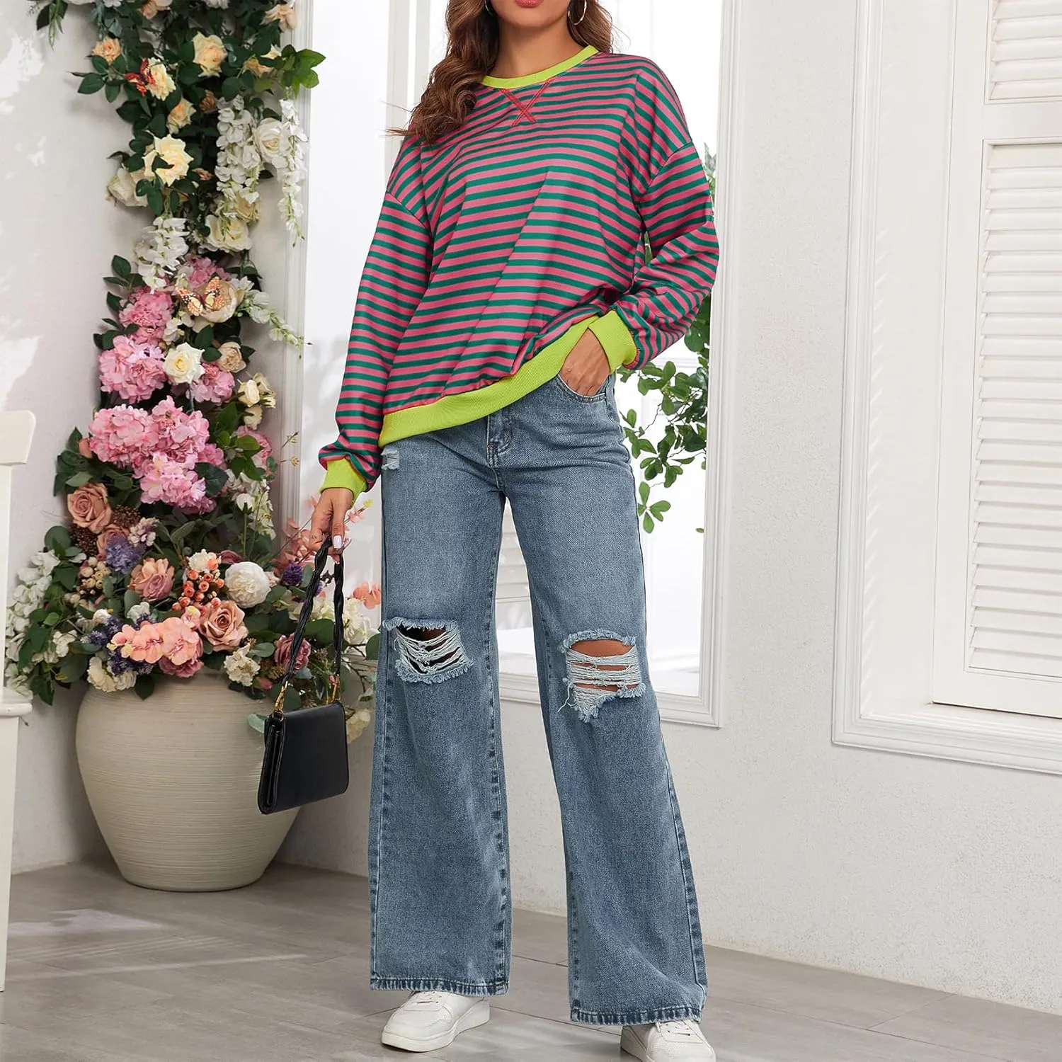 Komorebi Women Oversized Striped Sweatshirts Crew Neck Long Sleeve Shirt Loose 2024 Fall Pullover Preppy Trendy Tops