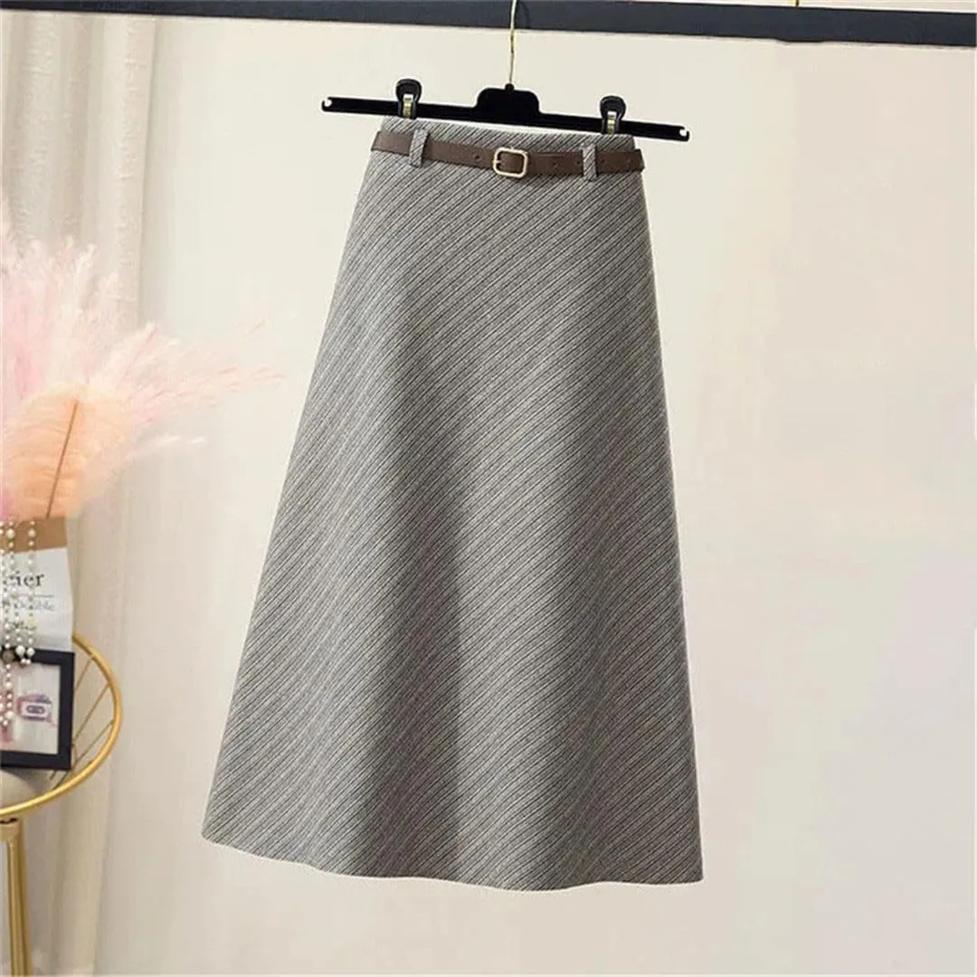 Korean Zipper High Waist A-Line Skirt Vintage Thickening Woole Midi Skirts Women Office Elegant Pleated Skirts