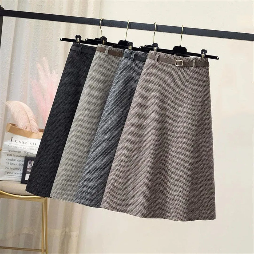 Korean Zipper High Waist A-Line Skirt Vintage Thickening Woole Midi Skirts Women Office Elegant Pleated Skirts