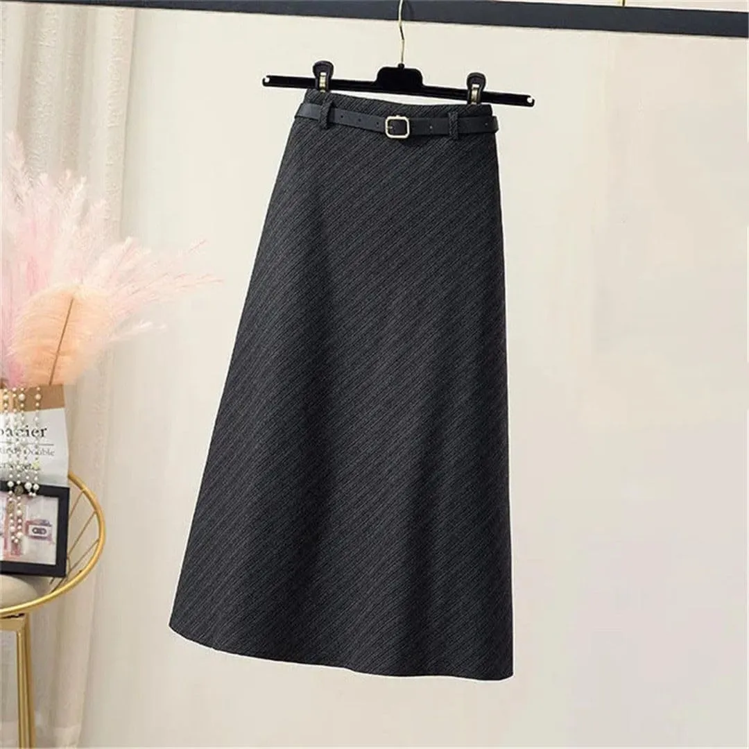 Korean Zipper High Waist A-Line Skirt Vintage Thickening Woole Midi Skirts Women Office Elegant Pleated Skirts