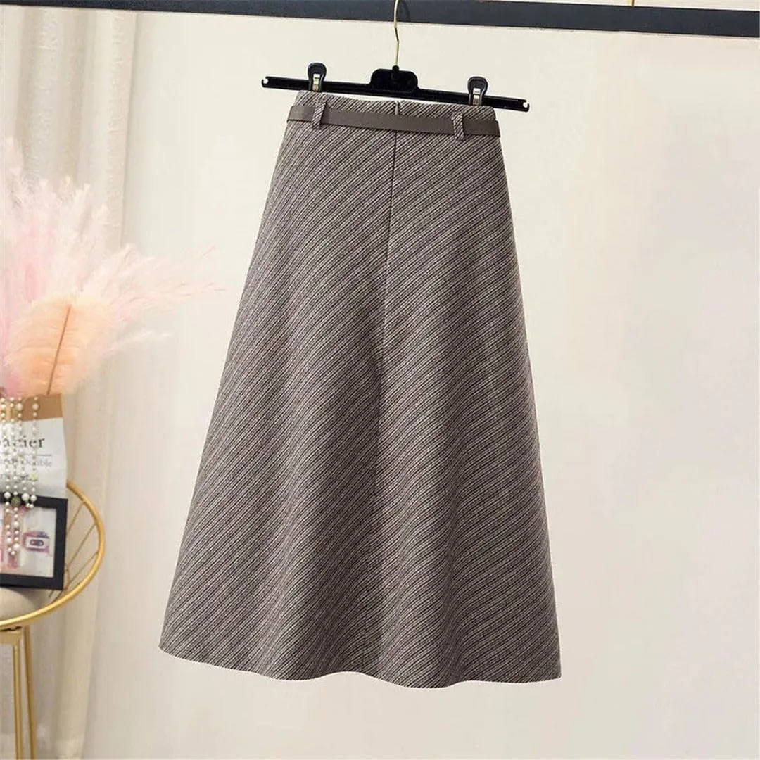 Korean Zipper High Waist A-Line Skirt Vintage Thickening Woole Midi Skirts Women Office Elegant Pleated Skirts