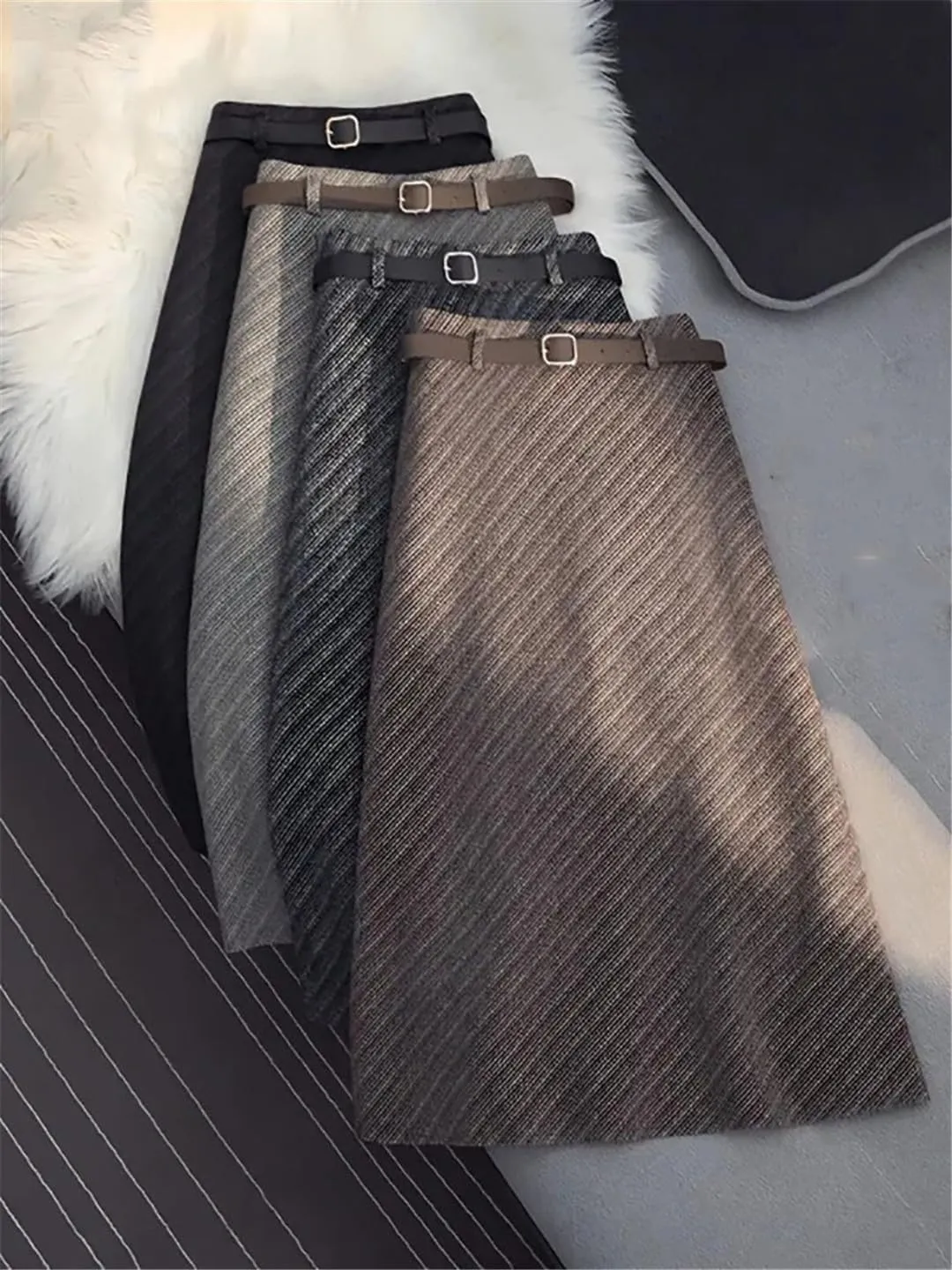Korean Zipper High Waist A-Line Skirt Vintage Thickening Woole Midi Skirts Women Office Elegant Pleated Skirts