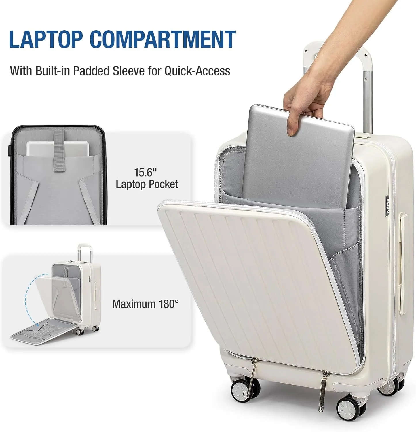 KYME 22-Inch Hardside Small Suitcase, 100% PC Hard Shell with Laptop Compartment, TSA Lock, Double Wheels for Men & Women, White