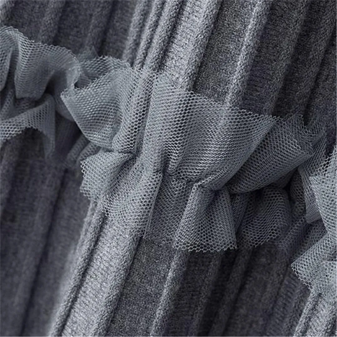 Lace Ruffle Knitted Midi Pleated Skirt Women Autumn Winter High Waist Umbrella Solid Skirt Stitching A-Line Long Skirt