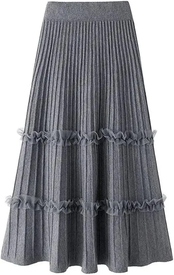 Lace Ruffle Knitted Midi Pleated Skirt Women Autumn Winter High Waist Umbrella Solid Skirt Stitching A-Line Long Skirt