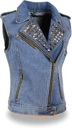 Ladies Motorcycle Biker Light Weight Milwaukee Spike Sexy Denim Vest gunpockets