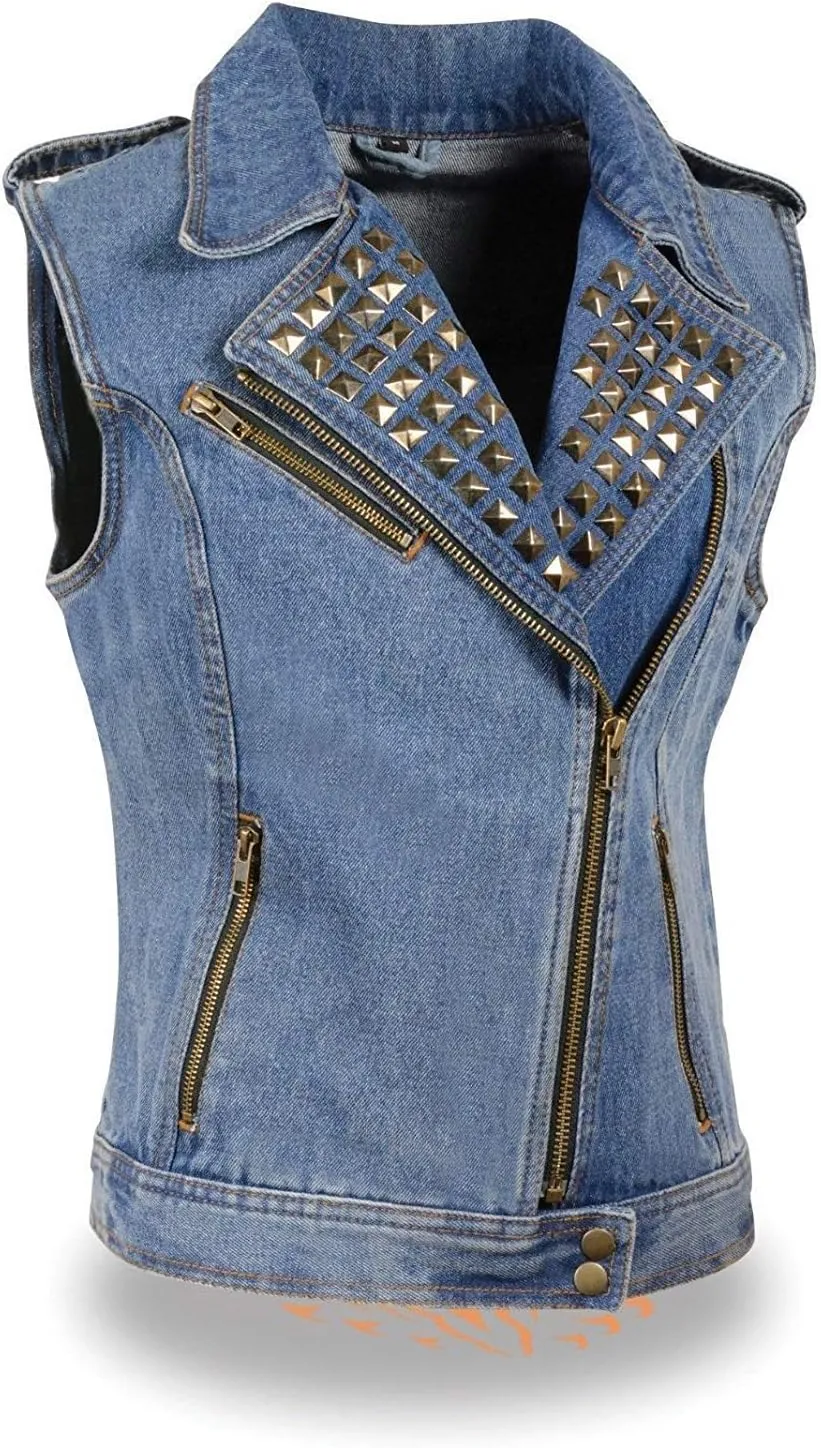 Ladies Motorcycle Biker Light Weight Milwaukee Spike Sexy Denim Vest gunpockets