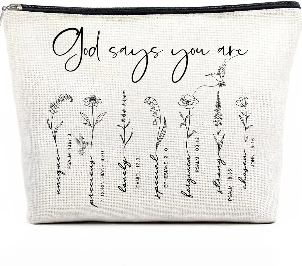 LANBAIHE Christian Makeup Bag for Women - Floral Bible Verse Cosmetic Bag with Inspirational Scripture, Sister Gift, Affirmational Gifts for Women, Christian Gifts, God Says You Are (Beige-God)