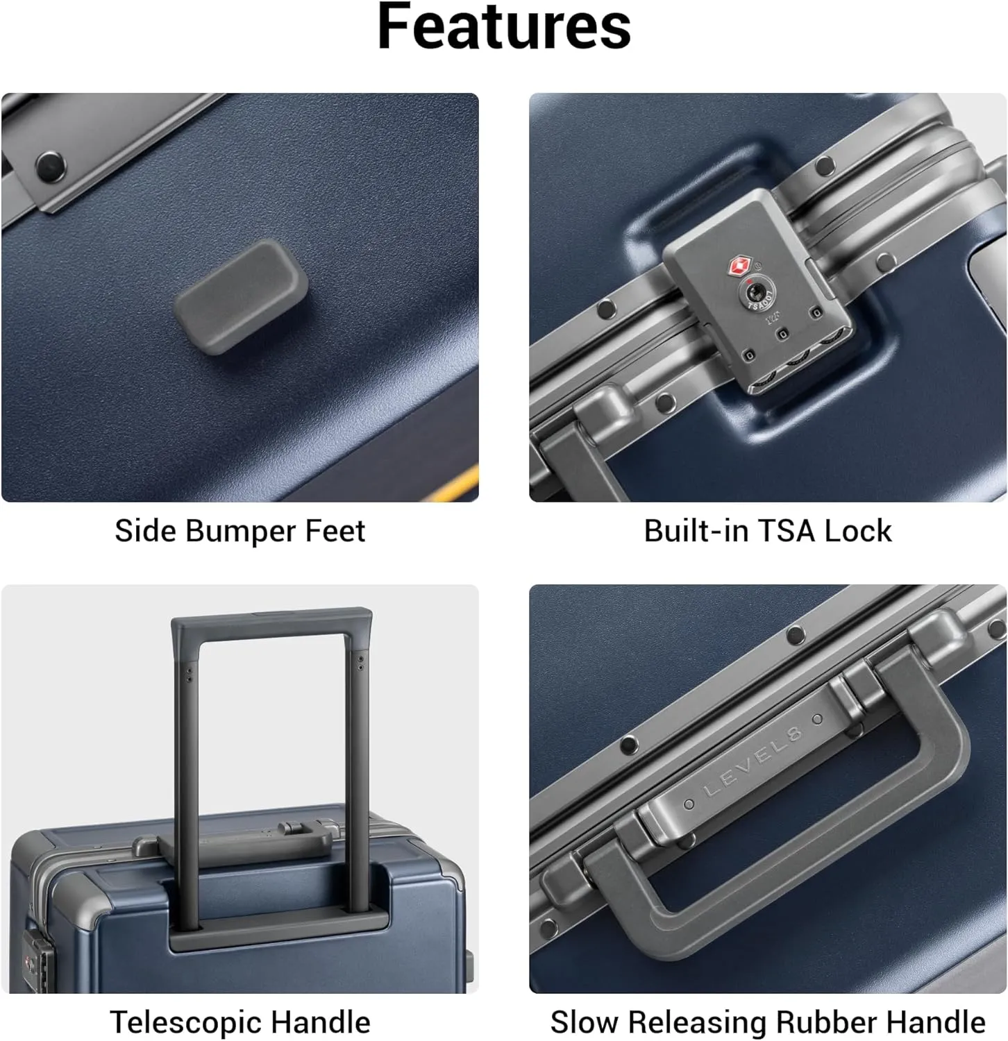 LEVEL8 Carry On Luggage Airline Approved Zipperless with Aluminum Frame, Lightweight Hard Case Luggage with Spinner Wheels, Metal Travel Suitcase with Double Tsa Locks, 20 Inch, Blue