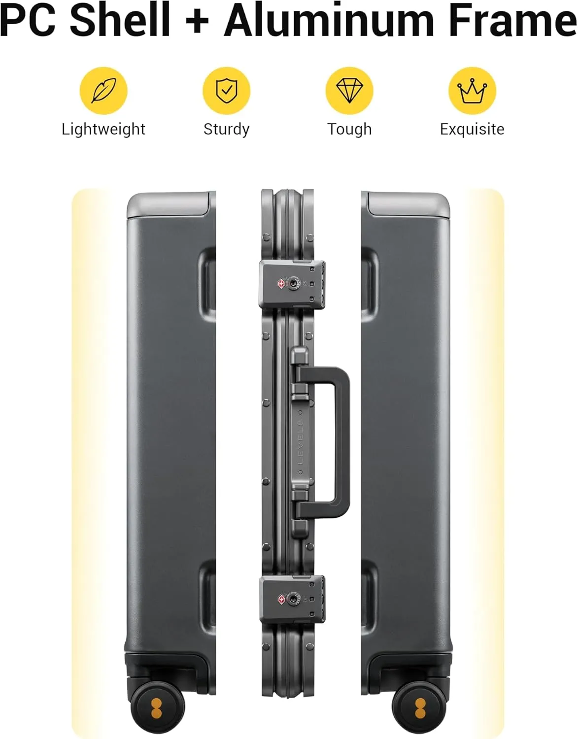 LEVEL8 Zipperless Carry On Luggage Airline Approved with Aluminum Frame, Lightweight Hard Shell Suitcase with Spinner Wheels, Metal Checked Luggage with Double Tsa Locks, 20 Inch, Grey