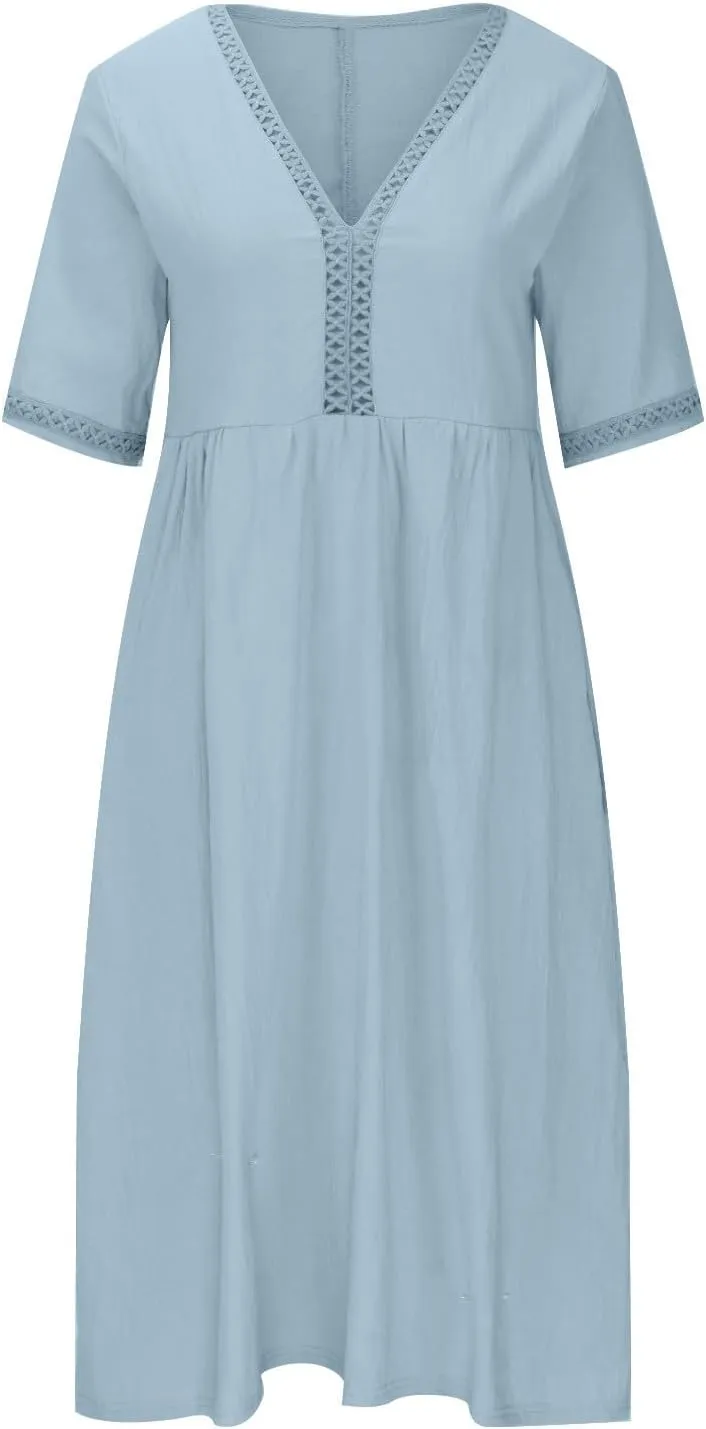 Linen Dress for Women Lace Trim V Neck Short Sleeve T Shirt Dresses Plus Size Pleated Loose Fit Tunic Midi Dress