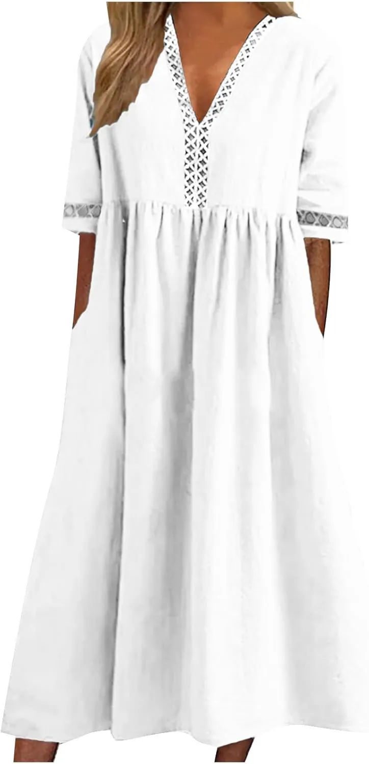 Linen Dress for Women Lace Trim V Neck Short Sleeve T Shirt Dresses Plus Size Pleated Loose Fit Tunic Midi Dress