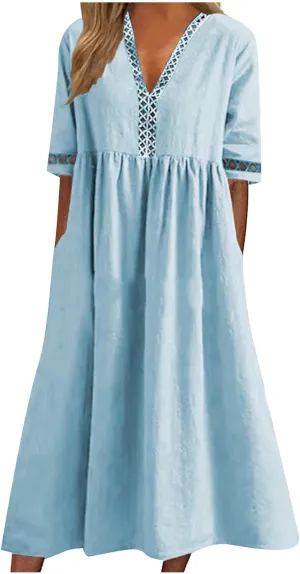Linen Dress for Women Lace Trim V Neck Short Sleeve T Shirt Dresses Plus Size Pleated Loose Fit Tunic Midi Dress
