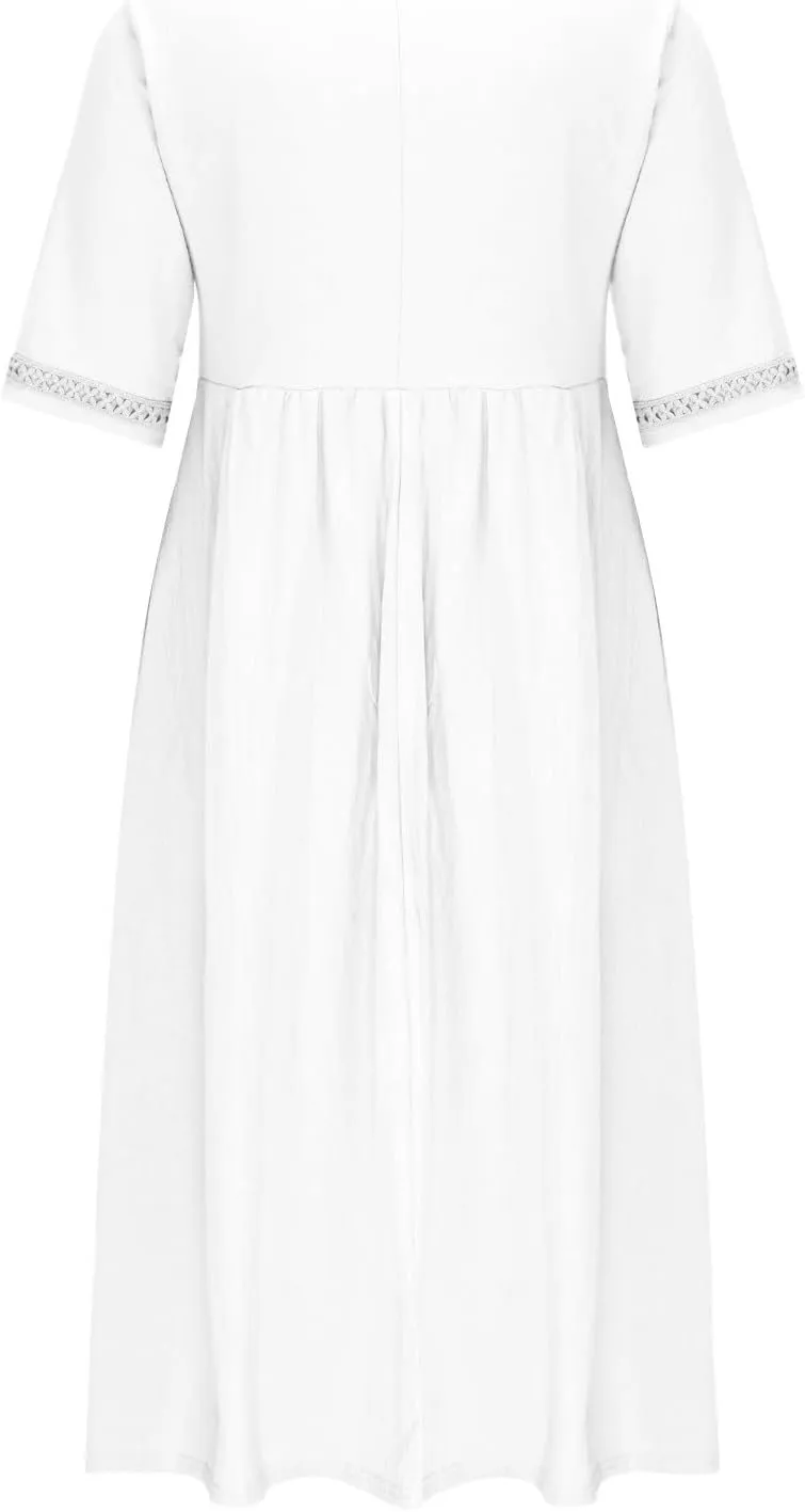Linen Dress for Women Lace Trim V Neck Short Sleeve T Shirt Dresses Plus Size Pleated Loose Fit Tunic Midi Dress