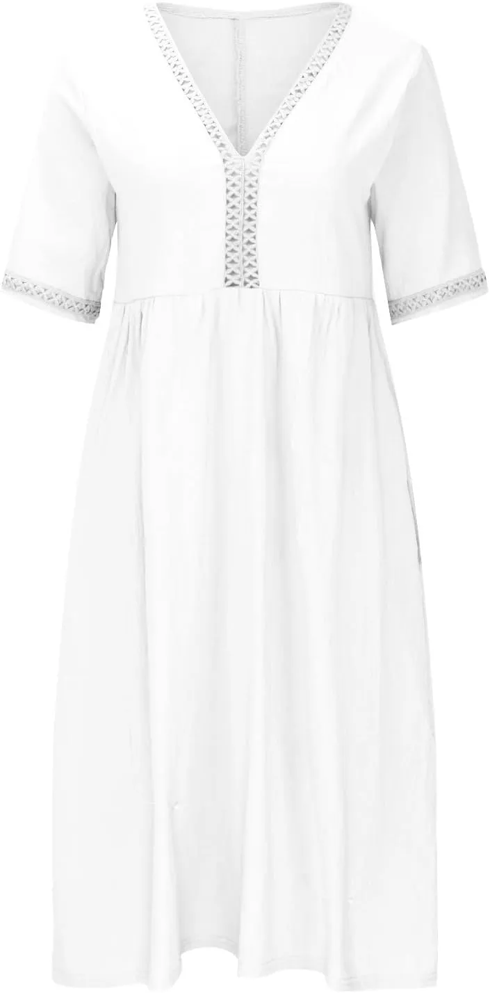 Linen Dress for Women Lace Trim V Neck Short Sleeve T Shirt Dresses Plus Size Pleated Loose Fit Tunic Midi Dress